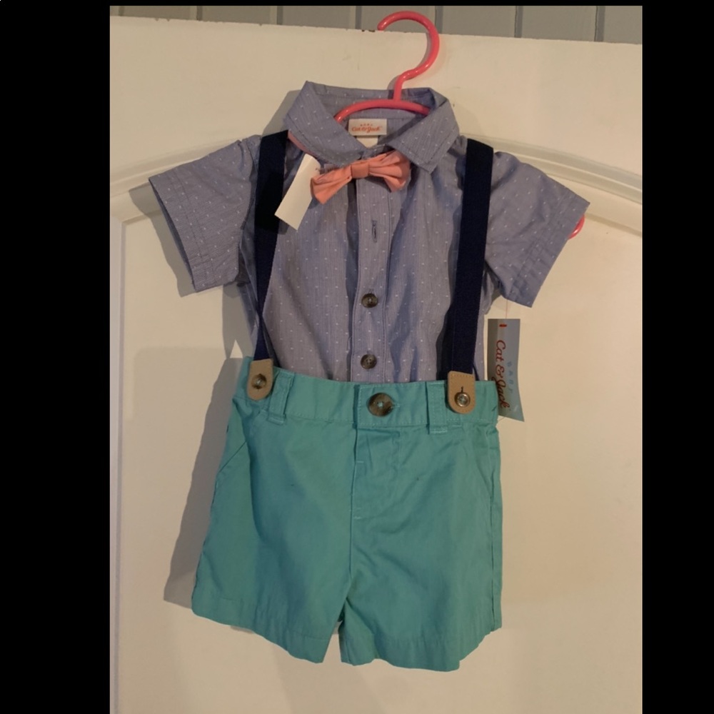 Cat and Jacks bowtie-onesie & suspender shorts